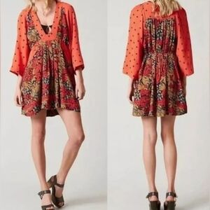 Free People Tellula Print Dress Womens Size XS Boho Hippie V-Neck Mini